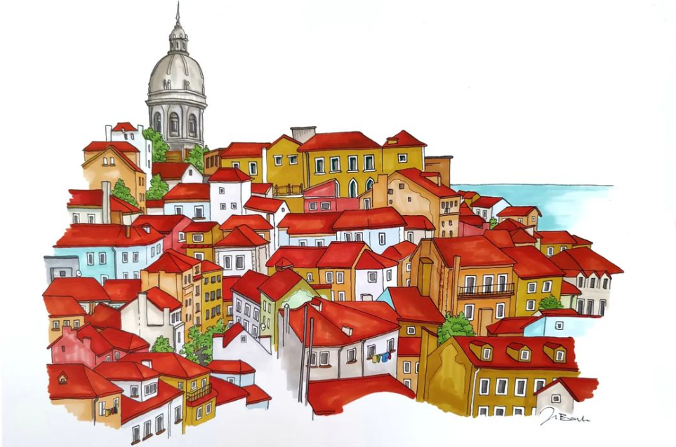 Zeichnung der Skyline von Lissabon