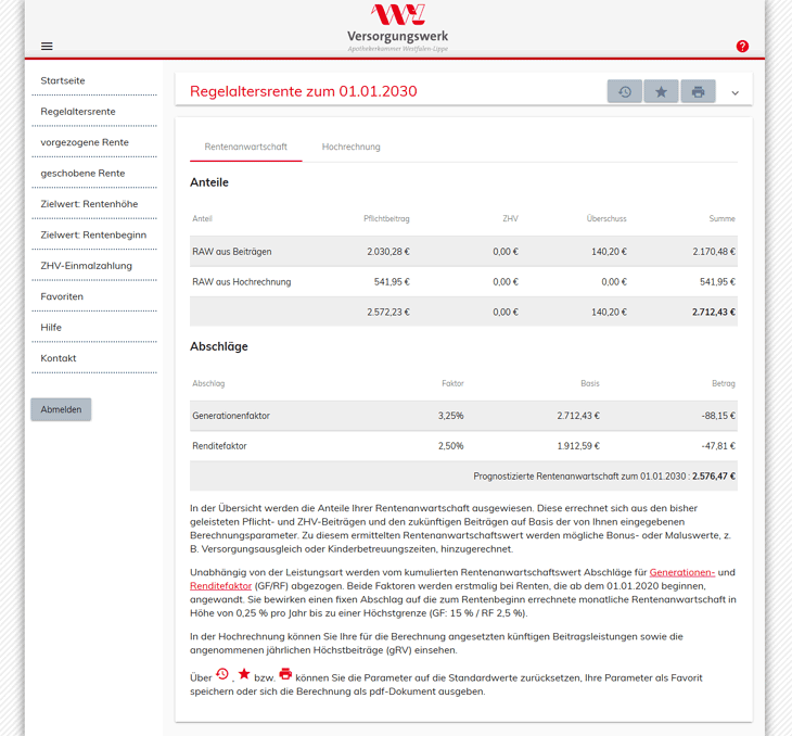 Regelaltersrente Ergebnisseite